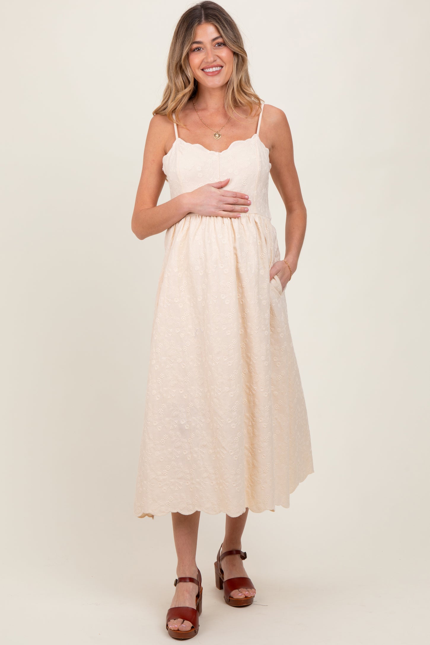 Cream Floral Embroidered Scallop Detail Maternity Midi Dress