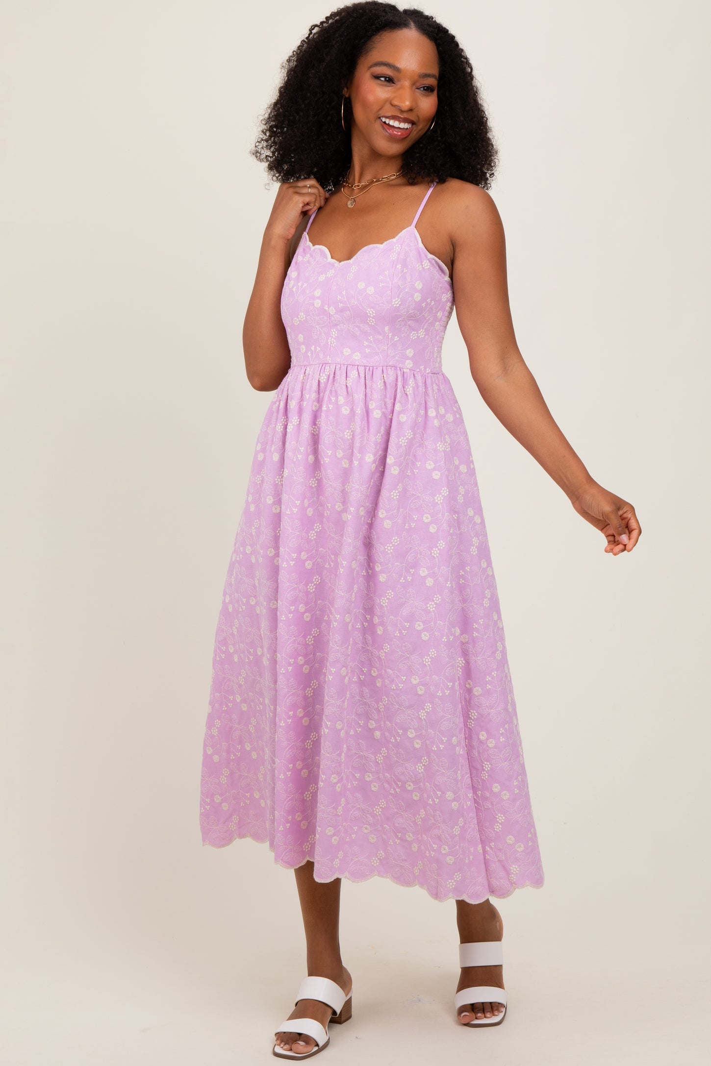 Lavender Floral Embroidered Scallop Detail Midi Dress