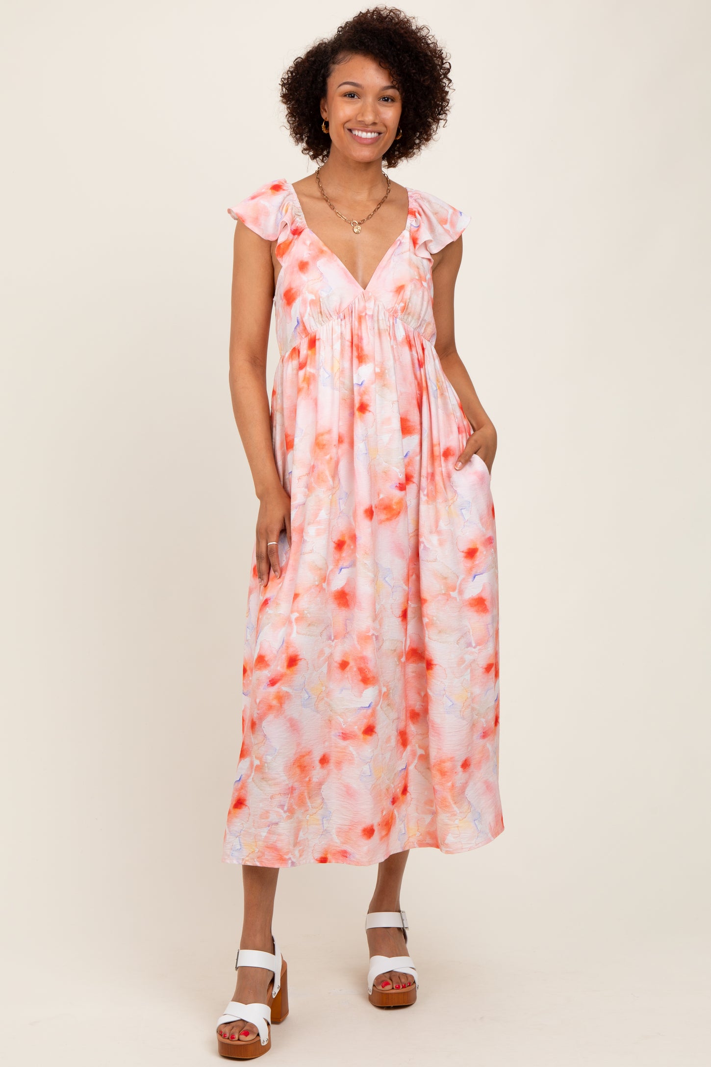 Coral Watercolor Floral Flutter Sleeve Midi Dress – PinkBlush