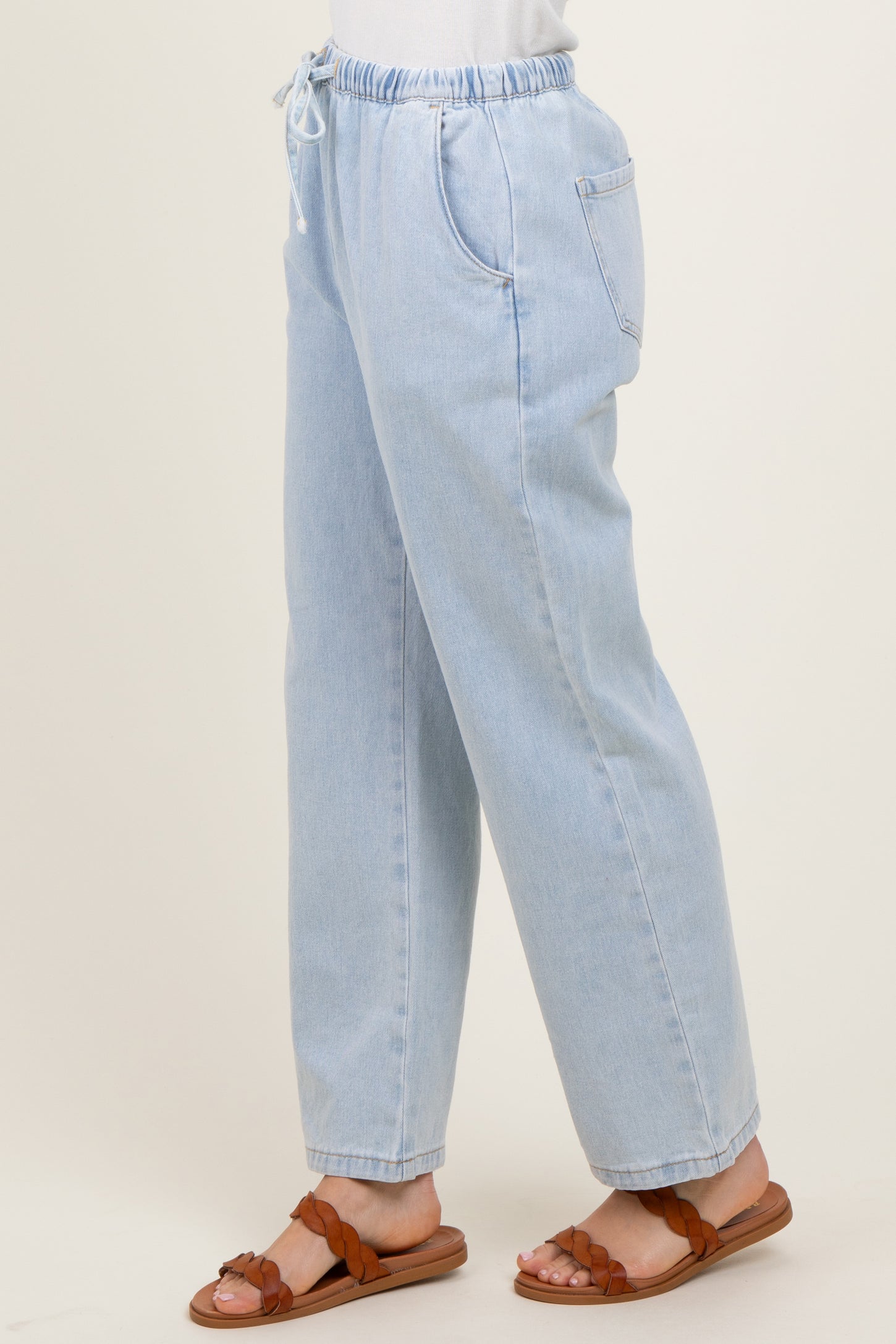 Light Blue Washed Chambray Drawstring Relaxed Fit Pants