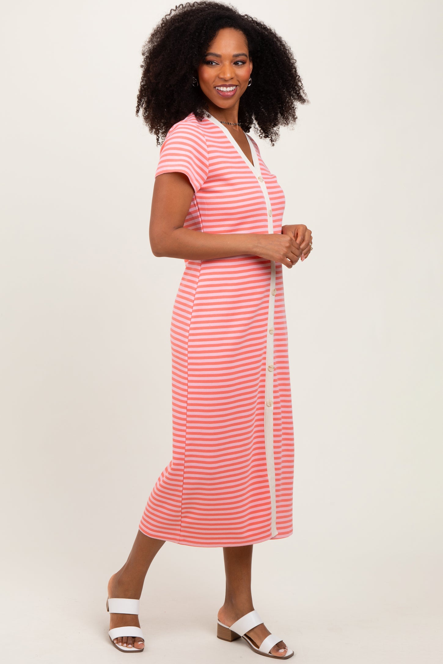 Pink Striped Button Down Midi Dress