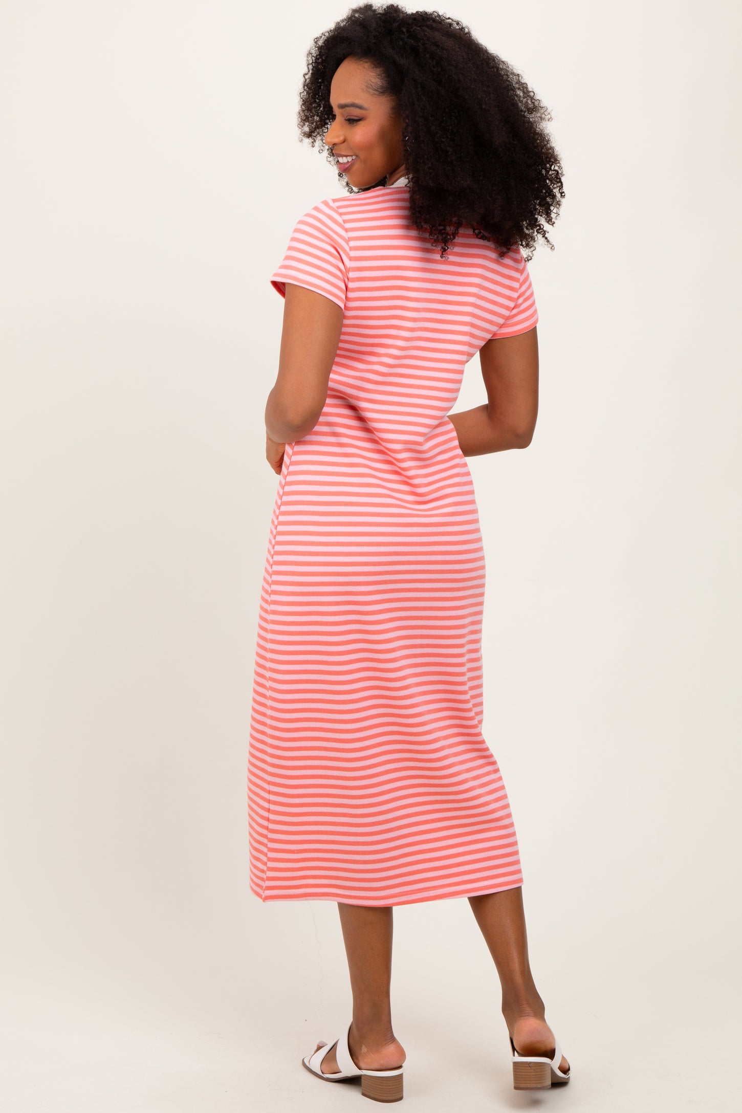 pink blush striped dress Pink Striped Knit Shoulder Tie Maxi Dress