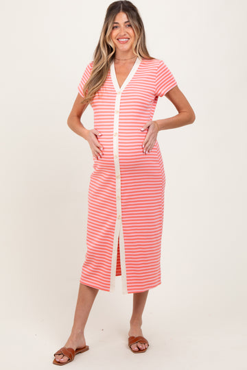 Pink Striped Button Down Maternity Midi Dress