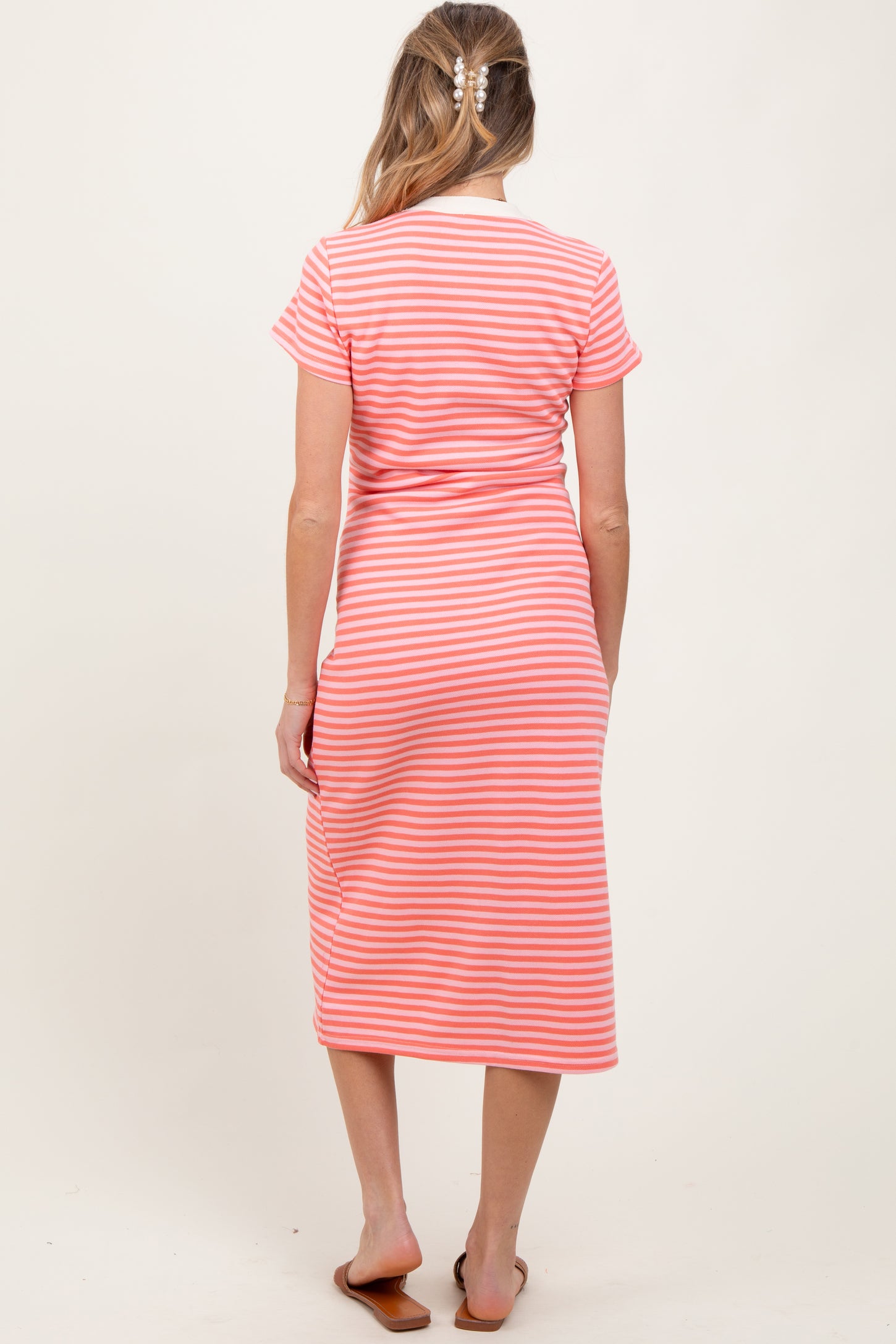 Pink Striped Button Down Maternity Midi Dress