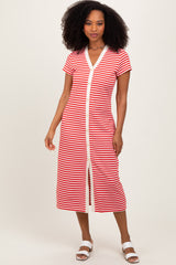 Red Striped Button Down Maternity Midi Dress