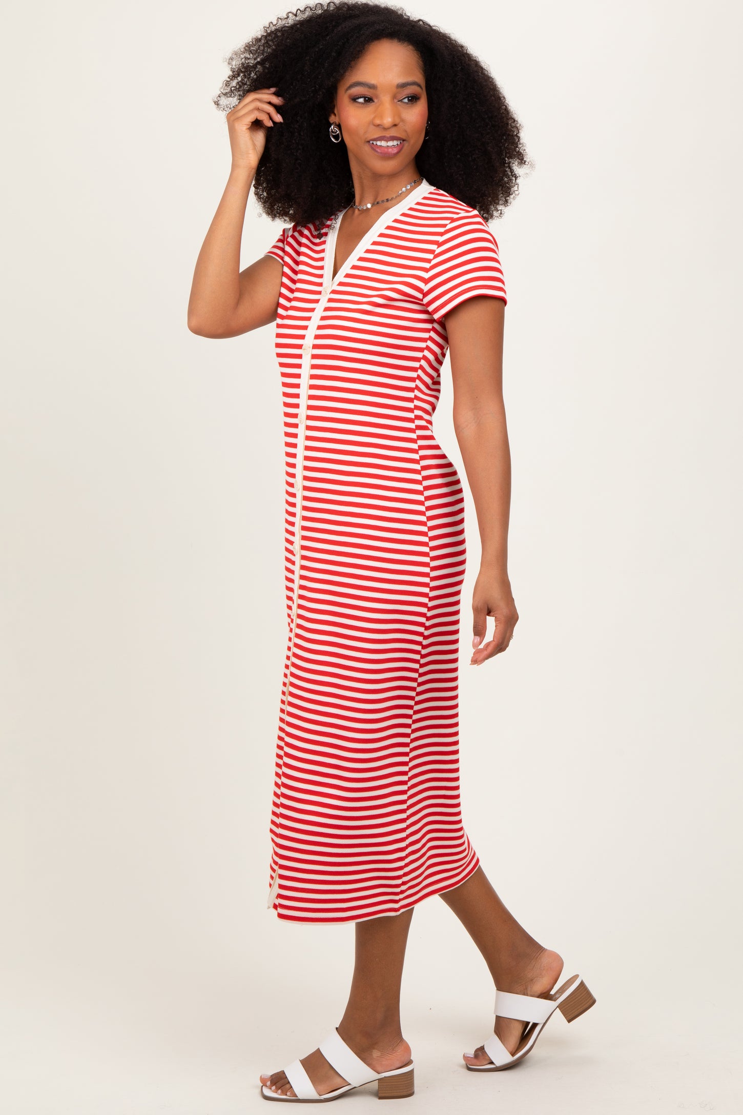 Red Striped Button Down Midi Dress PinkBlush Red Striped Button Down Midi Dress PinkBlush