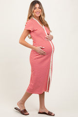 Red Striped Button Down Maternity Midi Dress