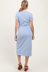 Light Blue Striped Button Down Maternity Midi Dress