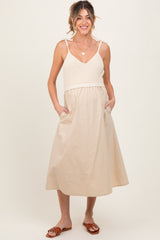 Cream Contrast Knit Bodice Maternity Midi Dress