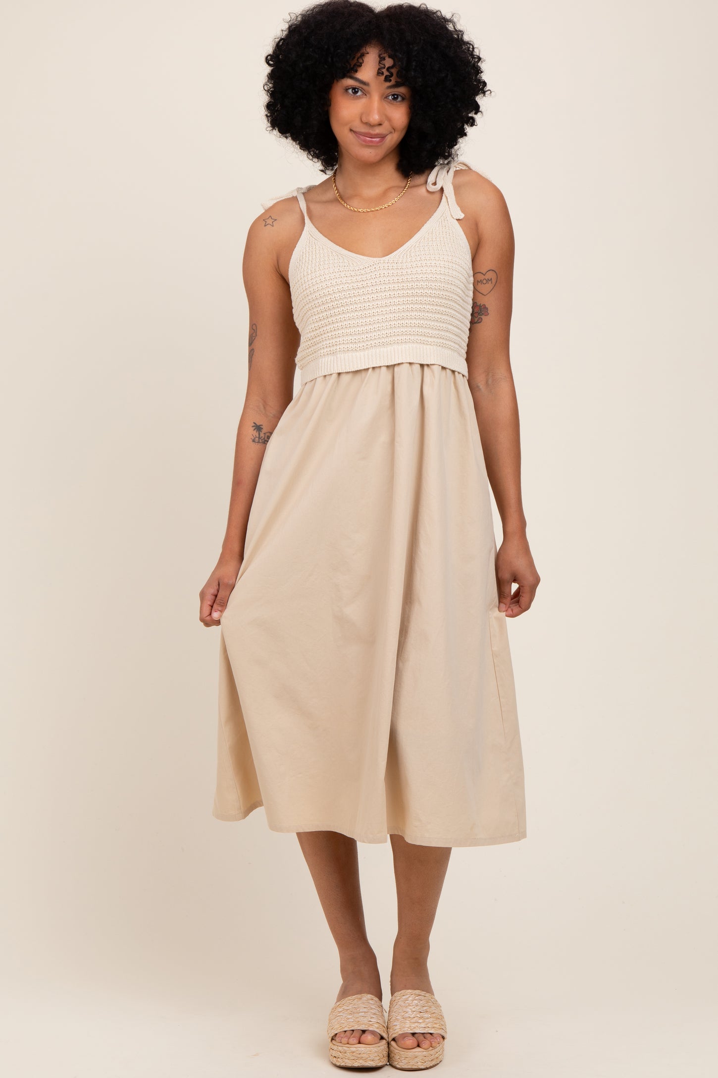 Cream Contrast Knit Bodice Midi Dress