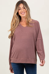 Mocha Oversized V-Neck Waffle Knit Maternity Long Sleeve Top