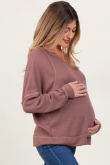 Mocha Oversized V-Neck Waffle Knit Maternity Long Sleeve Top
