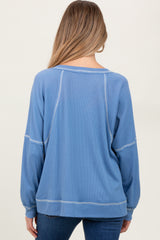 Light Blue Oversized V-Neck Waffle Knit Maternity Long Sleeve Top