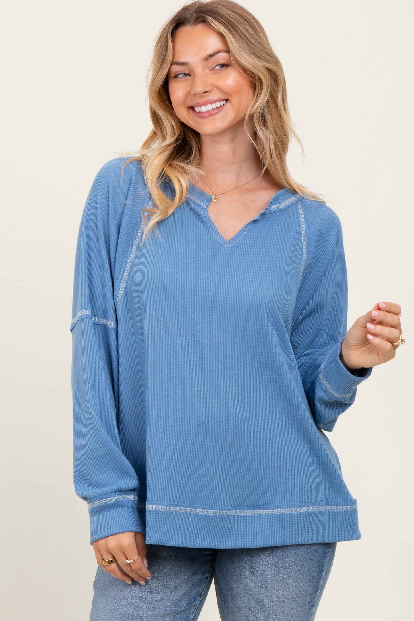 Light Blue Oversized V-Neck Waffle Knit Maternity Long Sleeve Top