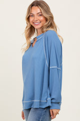 Light Blue Oversized V-Neck Waffle Knit Long Sleeve Top