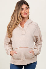 Beige Oversized Raw Hem Maternity Hoodie