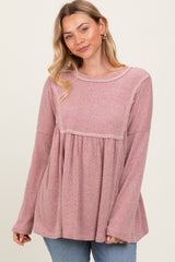 Mauve Ribbed Brushed Knit Oversized Long Sleeve Top