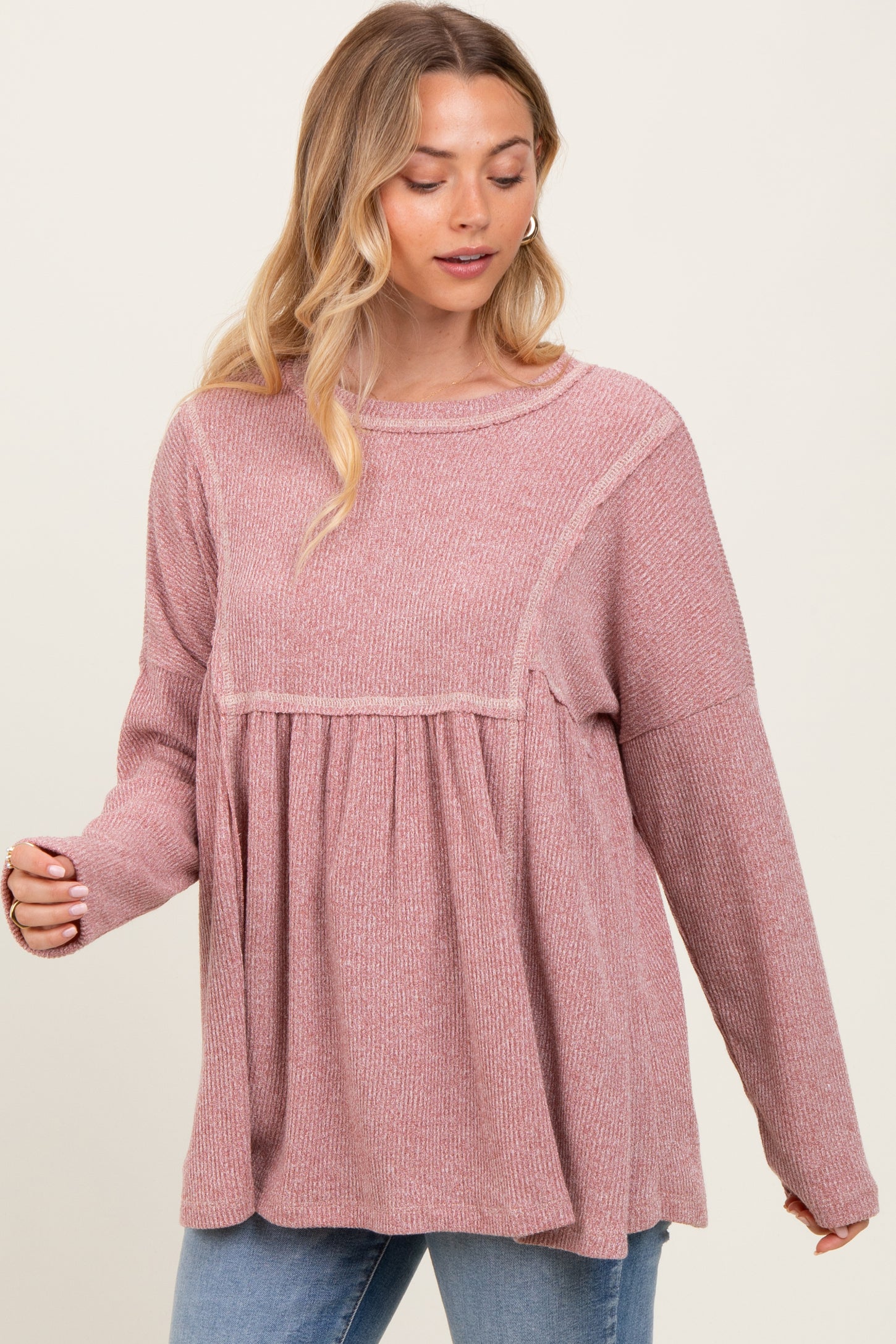 Mauve Ribbed Brushed Knit Oversized Long Sleeve Top