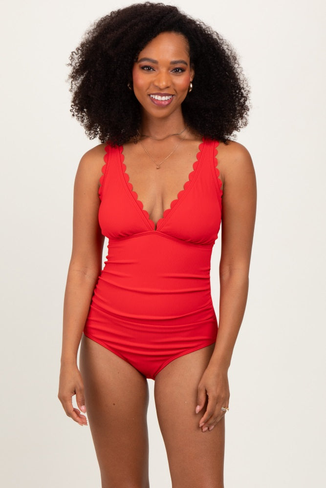 Red Scallop Trim Maternity One Piece Swimsuit