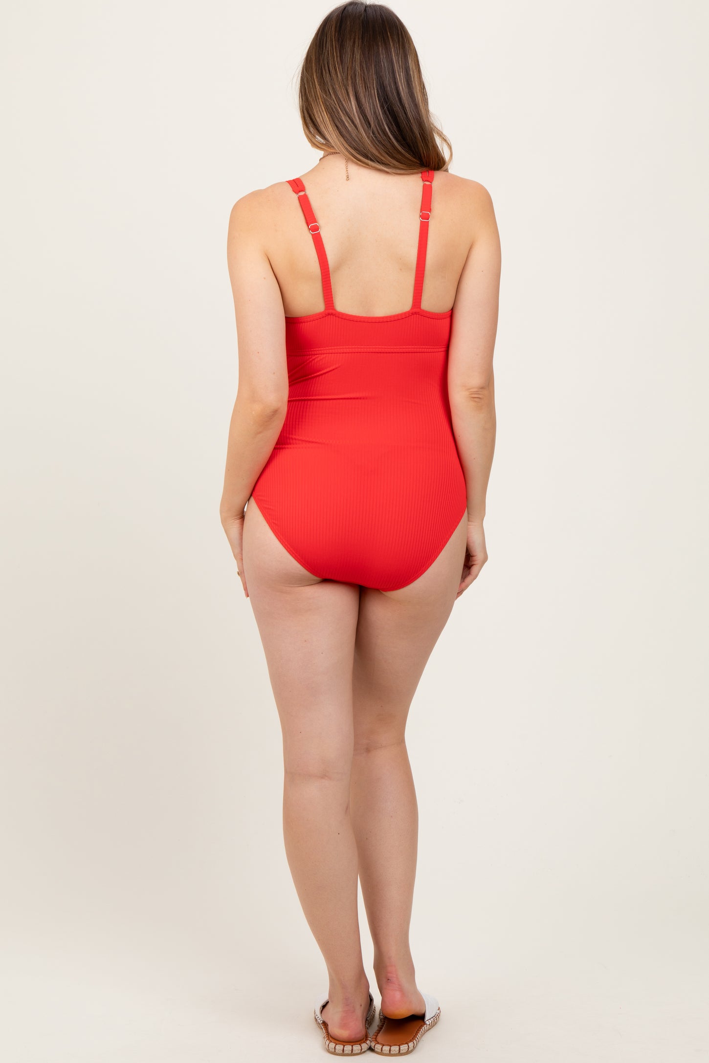 Red Ribbed Split Neckline Maternity Swimsuit