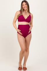 Magenta Scalloped V-Neck High Waist Two-Piece Maternity Swimsuit