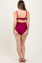 Magenta Scalloped V-Neck High Waist Two-Piece Maternity Swimsuit