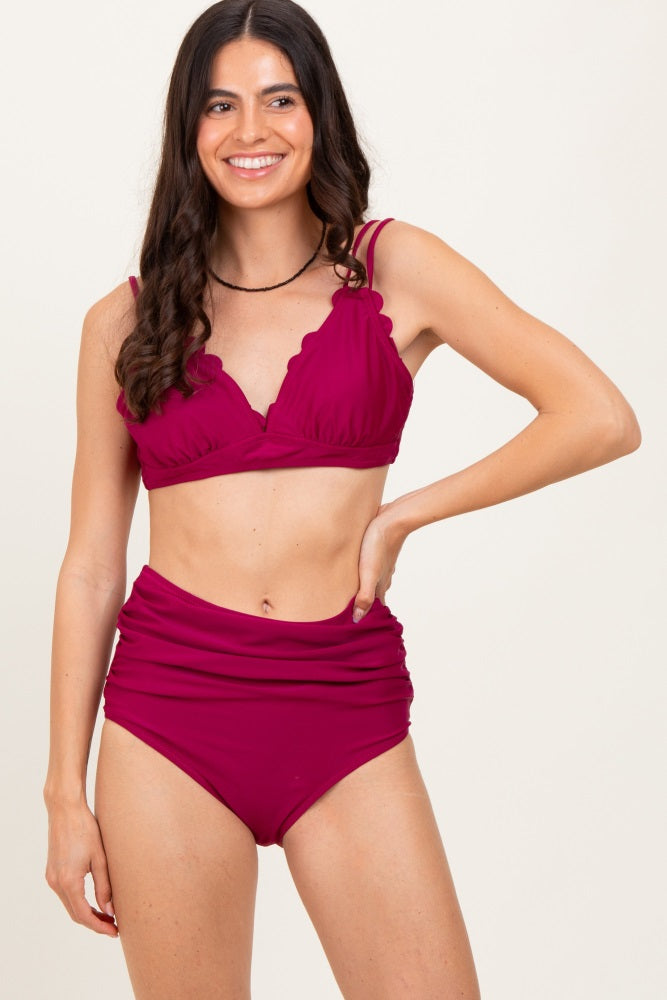 Magenta Scalloped V-Neck High Waist Two-Piece Maternity Swimsuit
