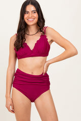 Magenta Scalloped V-Neck High Waist Two-Piece Maternity Swimsuit