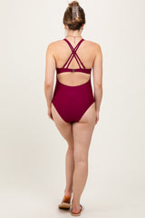 Burgundy Ruched Side Strappy Cross Back Maternity One Piece Swimsuit