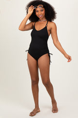 Black Ribbed O-Ring Strap Side Tie Swimsuit