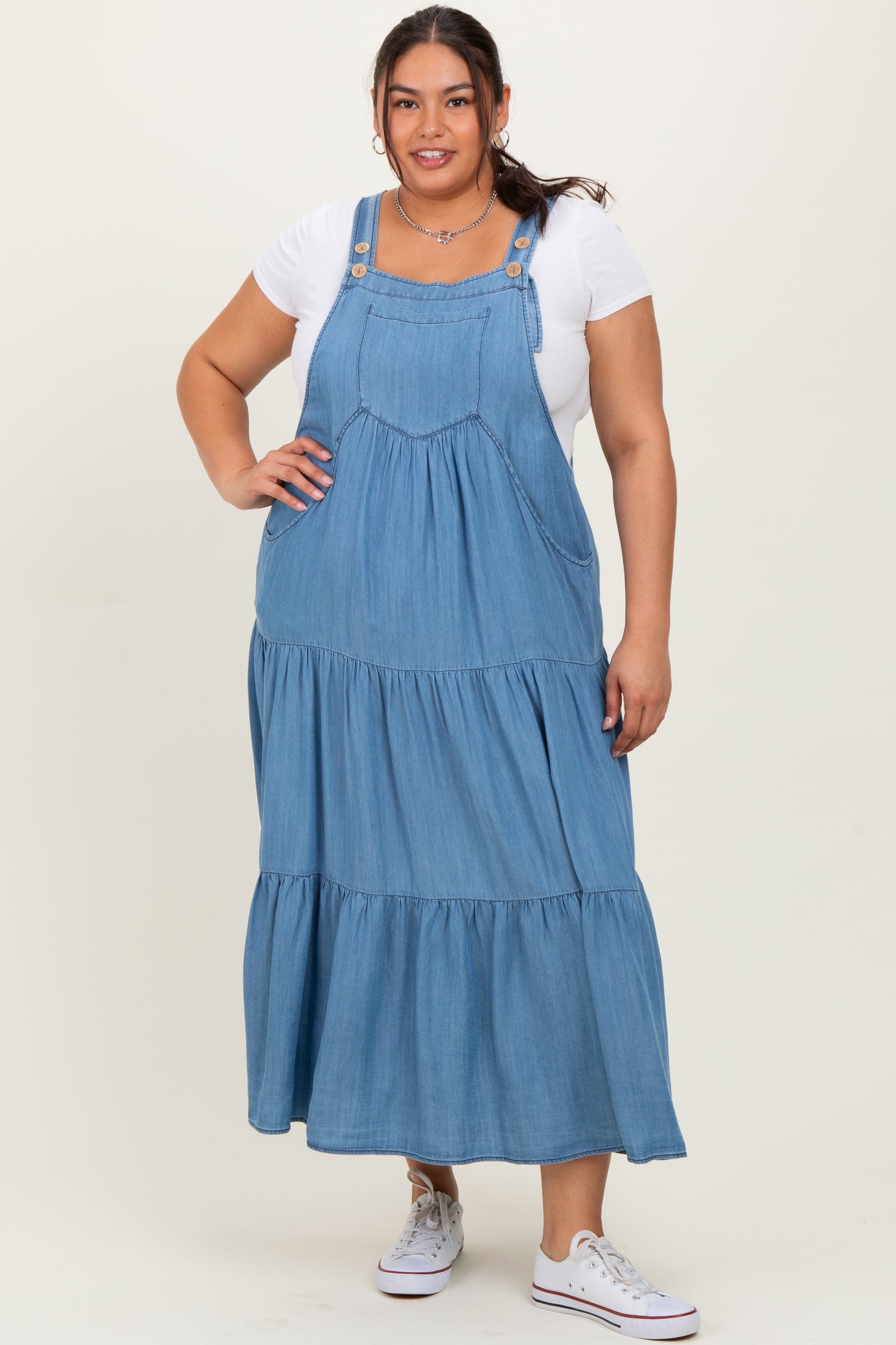 Blue Chambray Overall Tiered Plus Midi Dress
