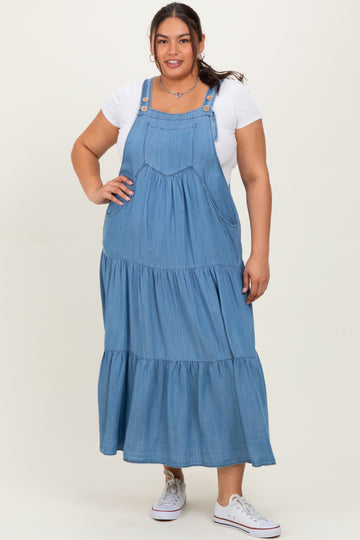 Blue Chambray Overall Tiered Plus Midi Dress