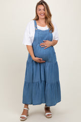 Blue Chambray Overall Tiered Maternity Plus Midi Dress