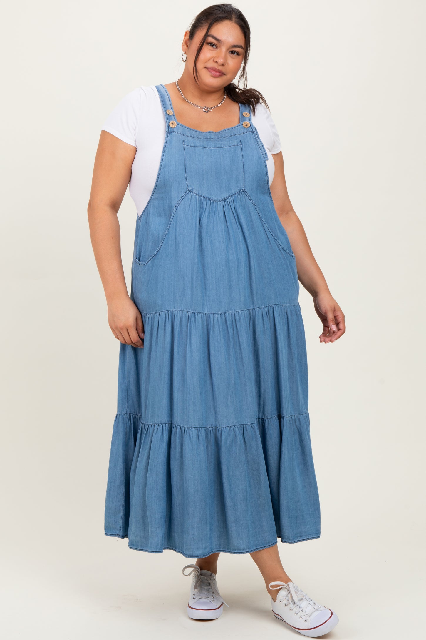Blue Chambray Overall Tiered Maternity Plus Midi Dress