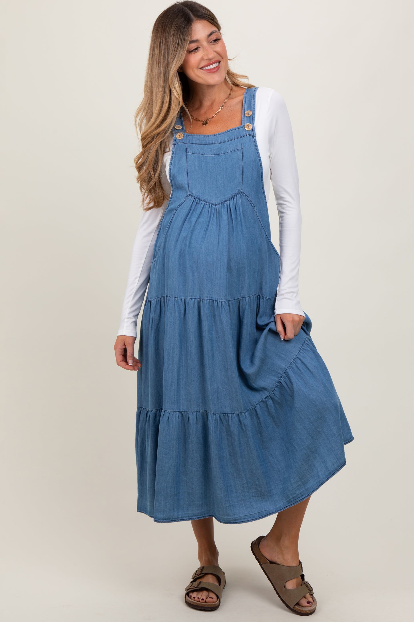 Blue Chambray Overall Tiered Maternity Midi Dress Blue Chambray Overall Tiered Maternity Midi Dress