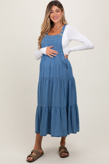 Blue Chambray Overall Tiered Maternity Midi Dress
