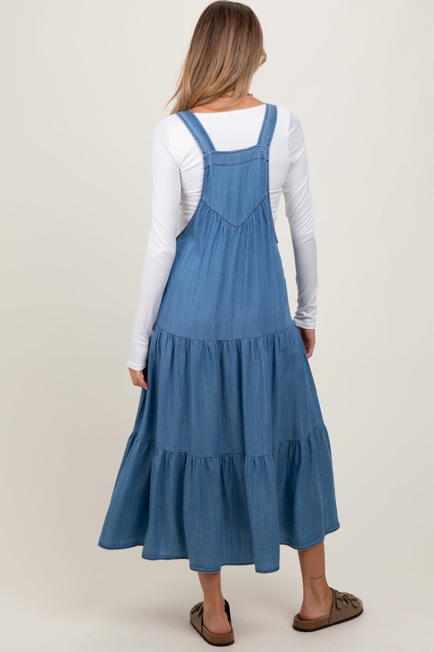 chambray tiered maxi dress Blue Chambray Overall Tiered Maternity Midi Dress