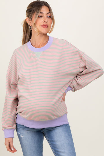 Light Pink Striped Crew Neck Oversized Maternity Sweatshirt