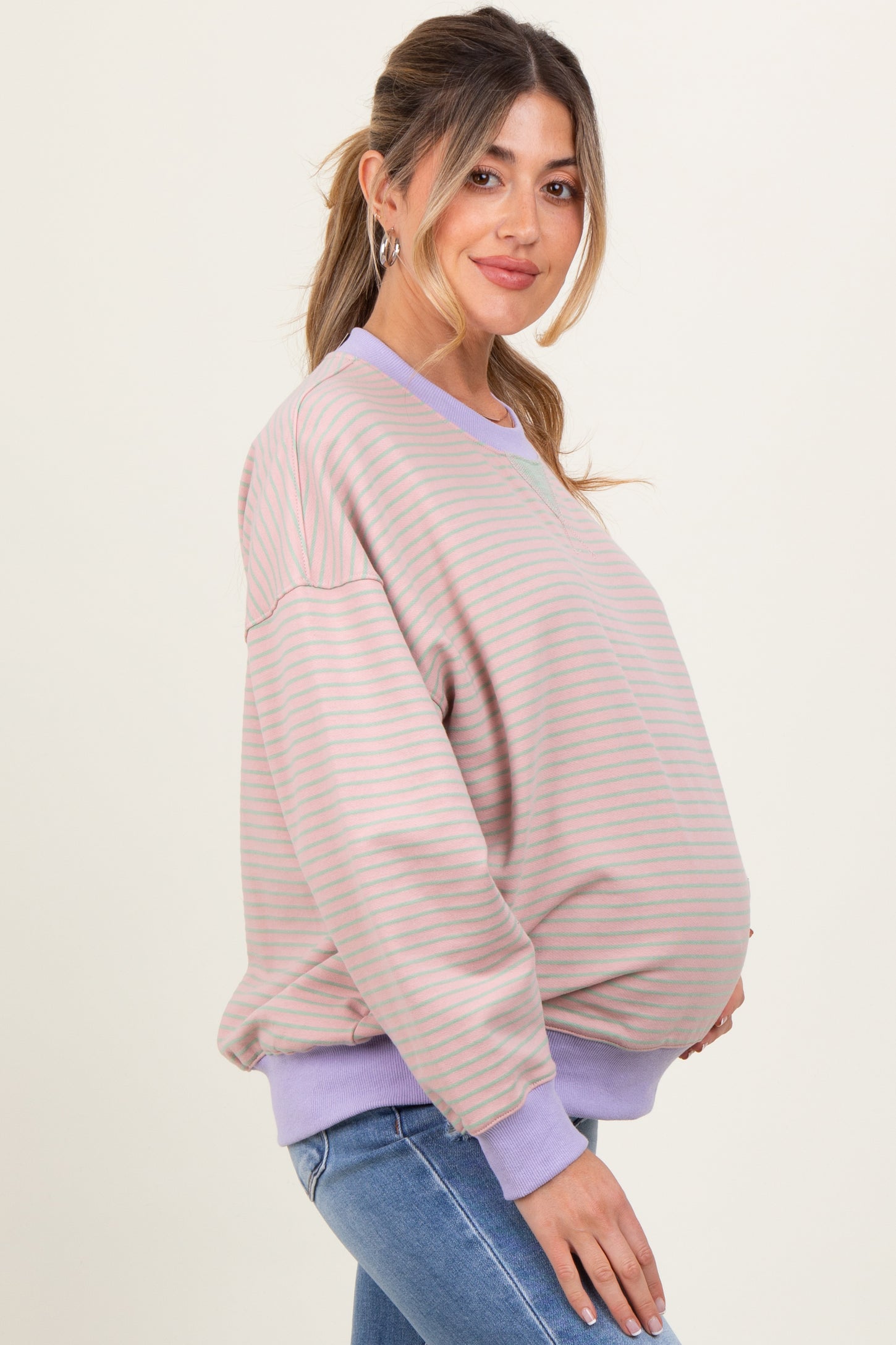 Light Pink Striped Crew Neck Oversized Maternity Sweatshirt