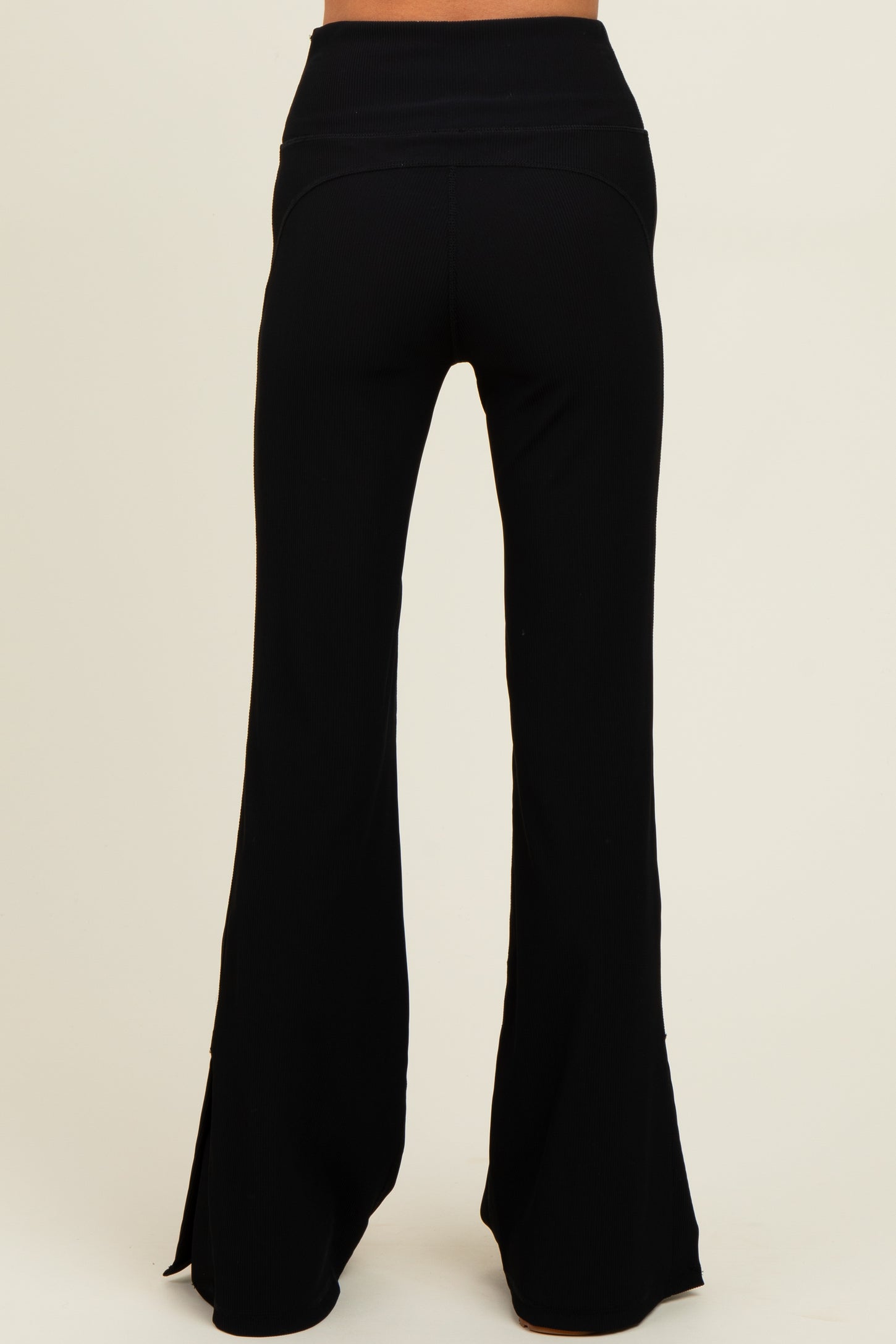 Black Ribbed Split Flare Leggings