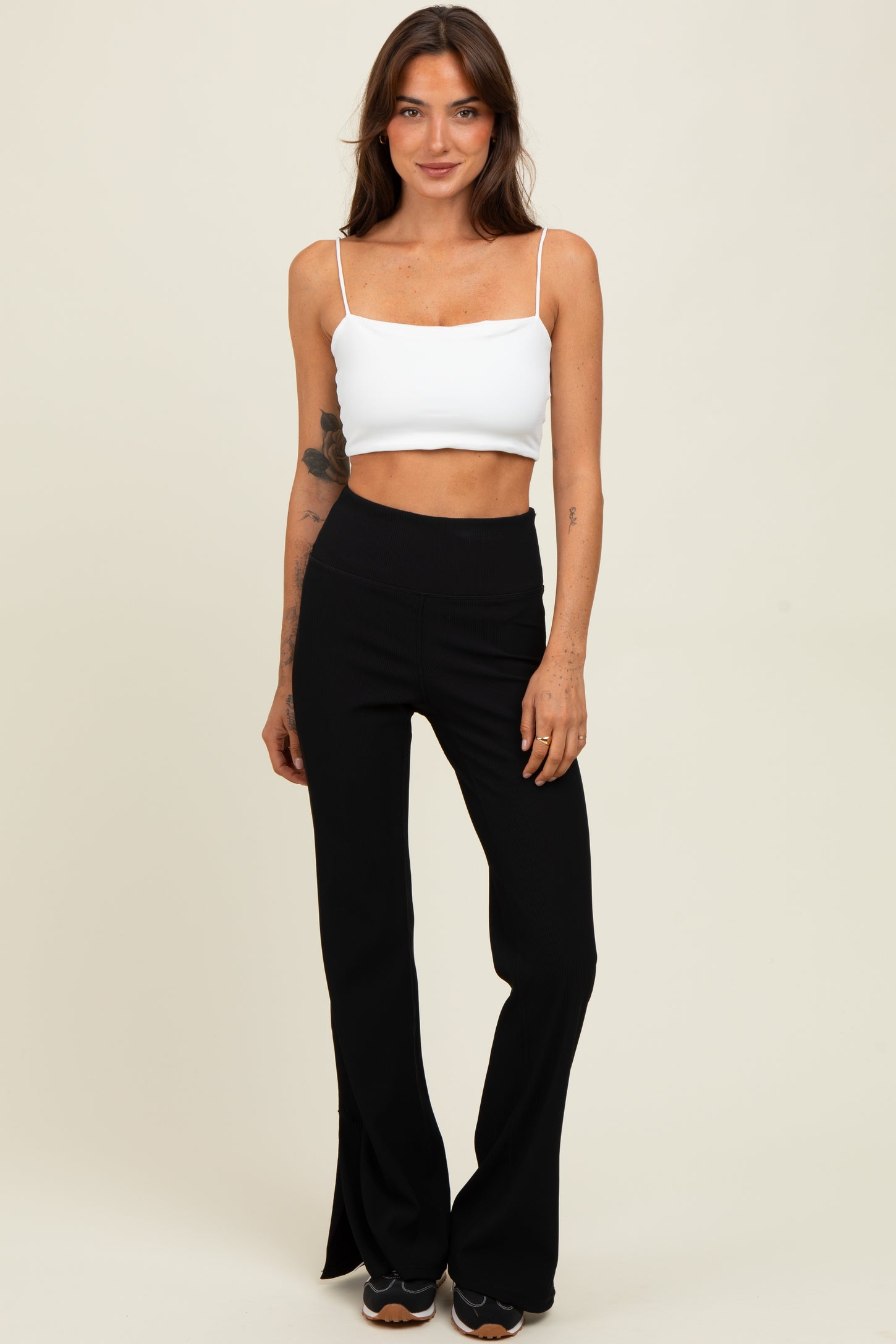 Black Ribbed Split Flare Maternity Leggings