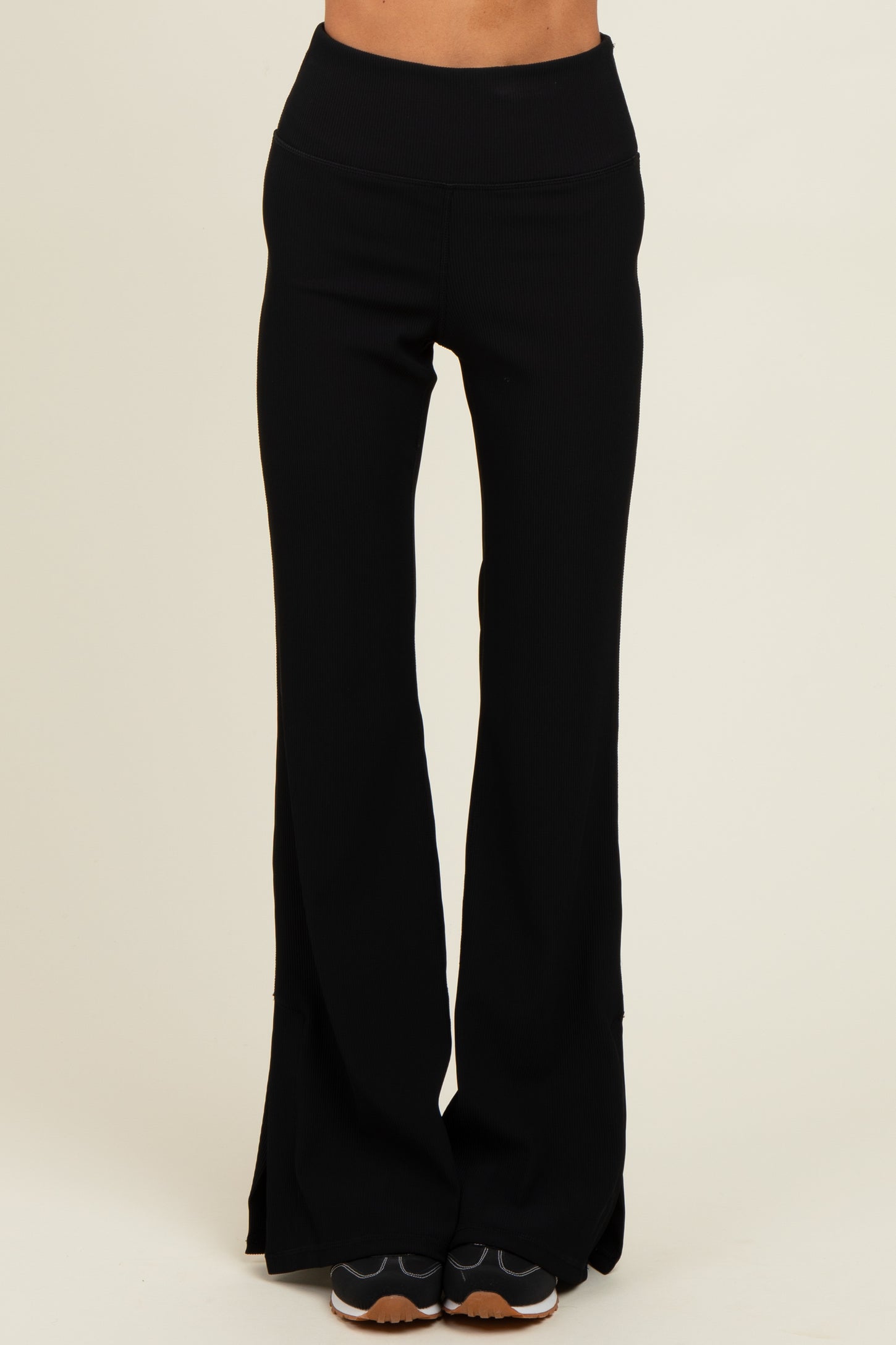 Black Ribbed Split Flare Leggings