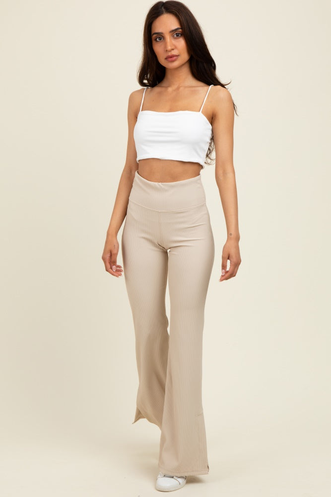 Cream Ribbed Split Flare Leggings