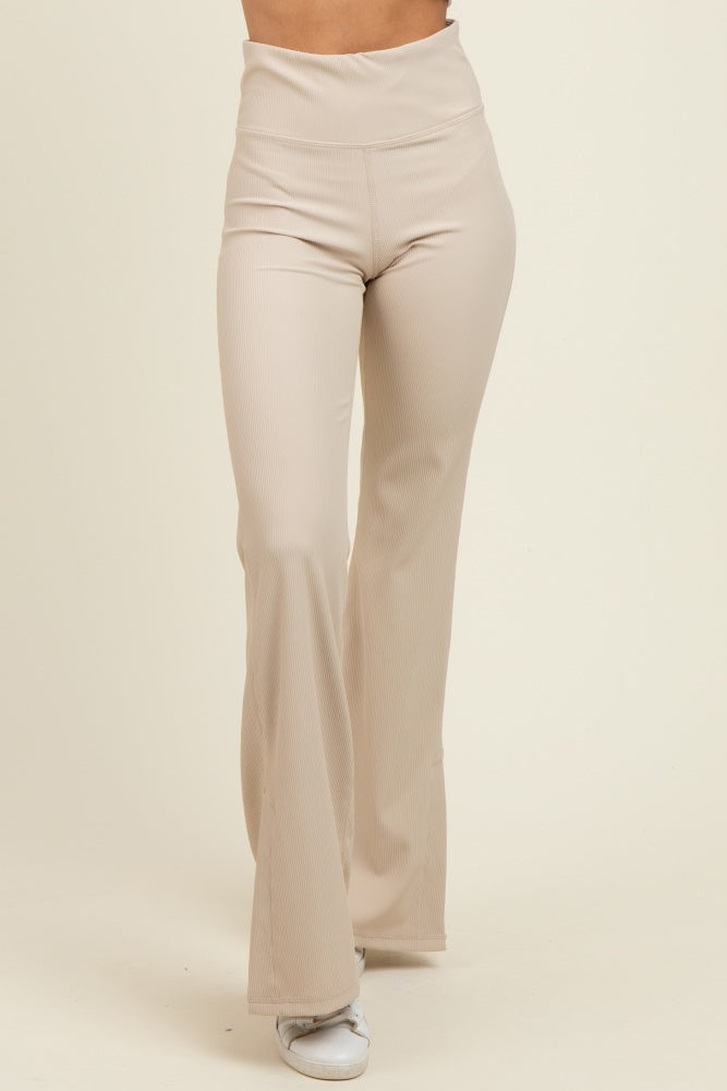 Cream Ribbed Split Flare Leggings