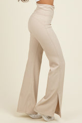 Cream Ribbed Split Flare Leggings