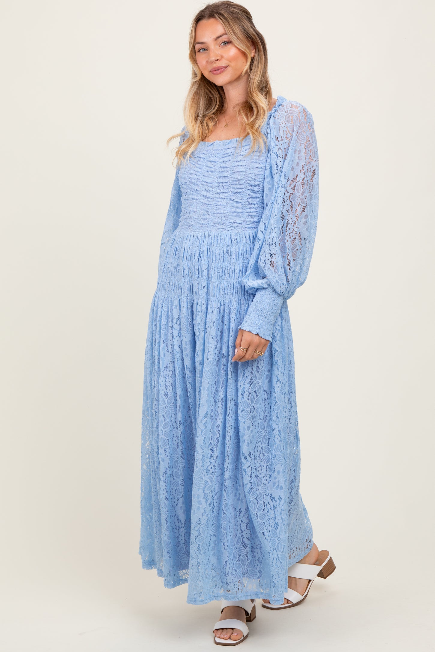 Periwinkle Lace Smocked Bubble Sleeve Maxi Dress