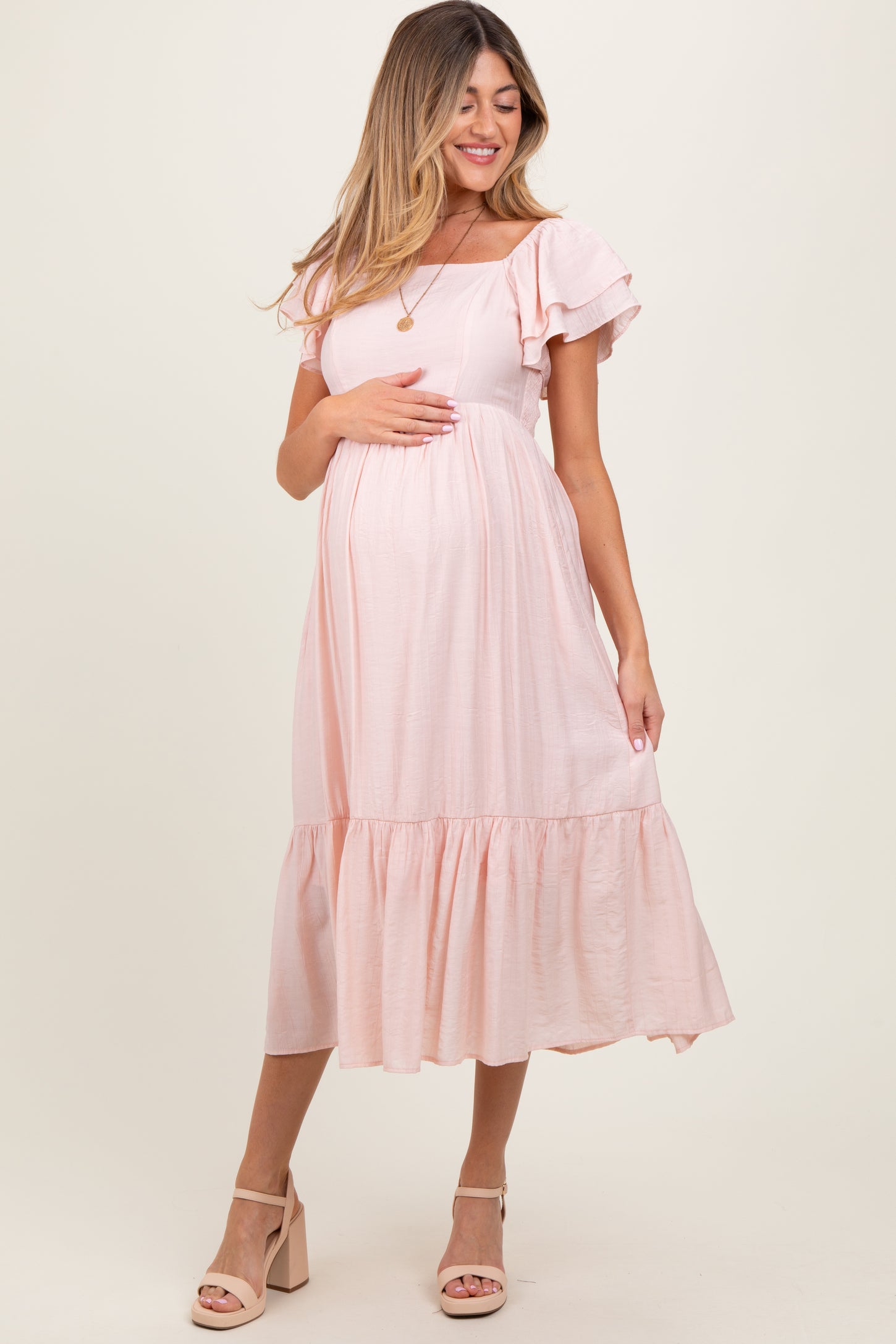 Light Pink Flutter Sleeve Maternity Midi Dress Light Pink Flutter Sleeve Maternity Midi Dress