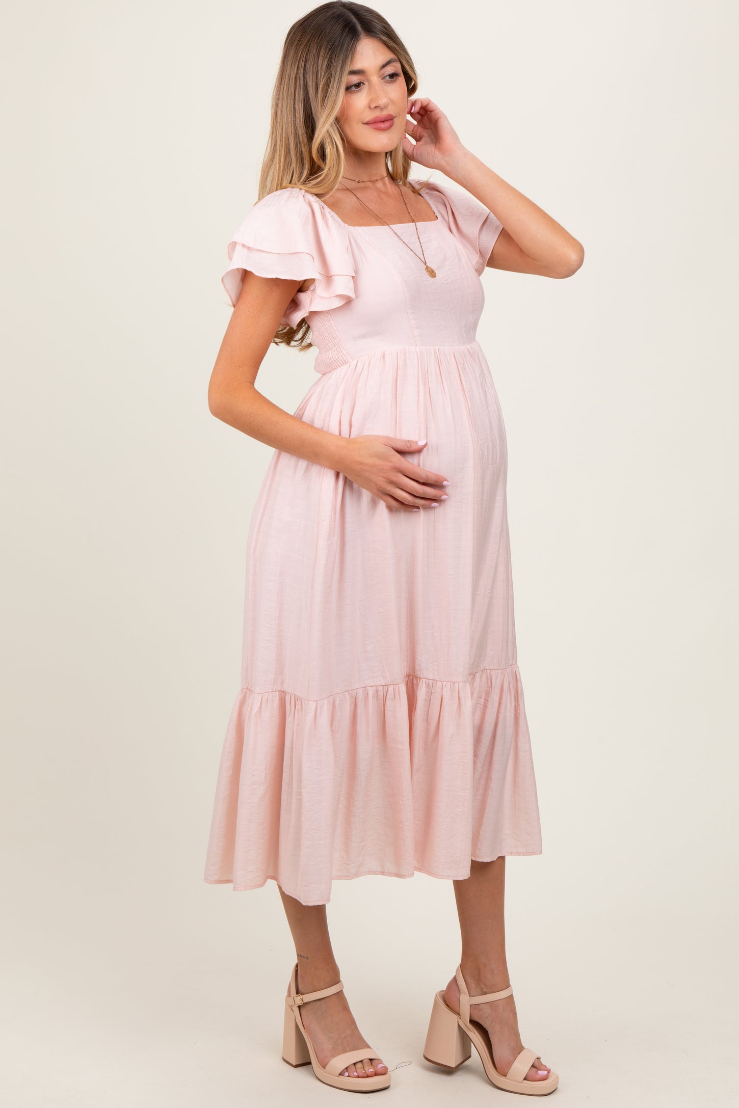 pink flutter sleeve midi dress Mac Duggal Women's Flutter Sleeve Embroidered Midi Dress