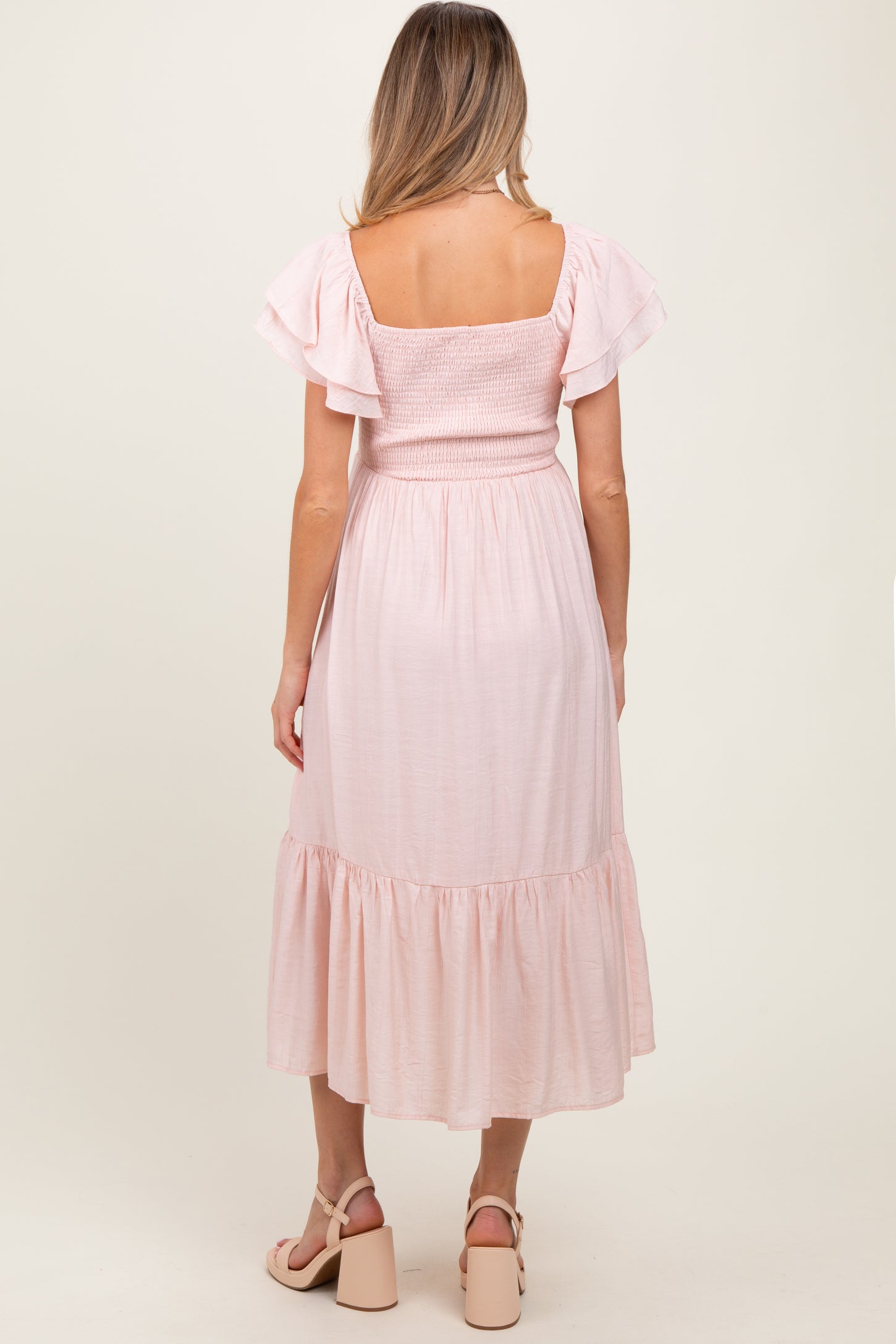 Light Pink Flutter Sleeve Maternity Midi Dress Light Pink Flutter Sleeve Maternity Midi Dress