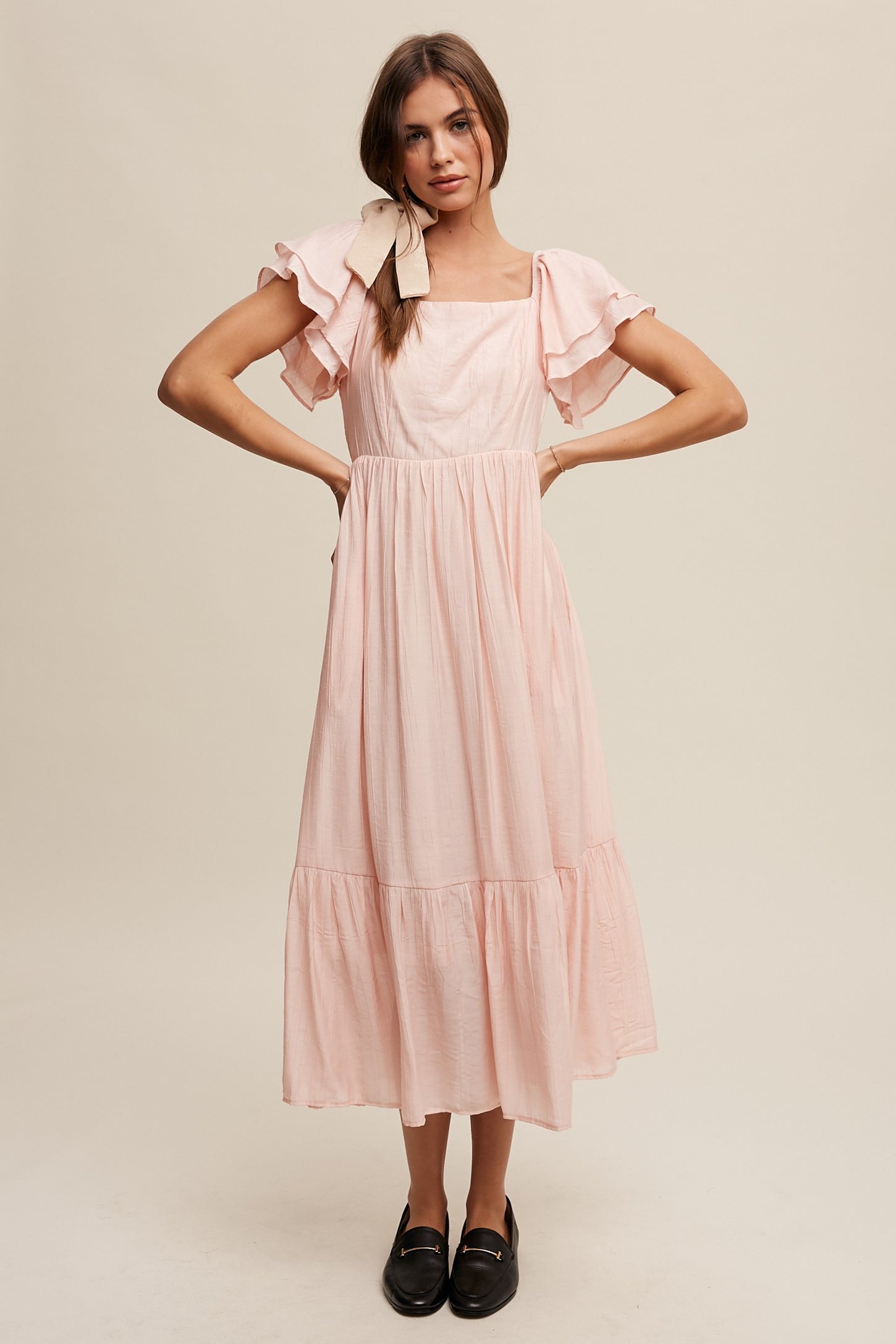 Light Pink Flutter Sleeve Maternity Midi Dress Light Pink Flutter Sleeve Maternity Midi Dress